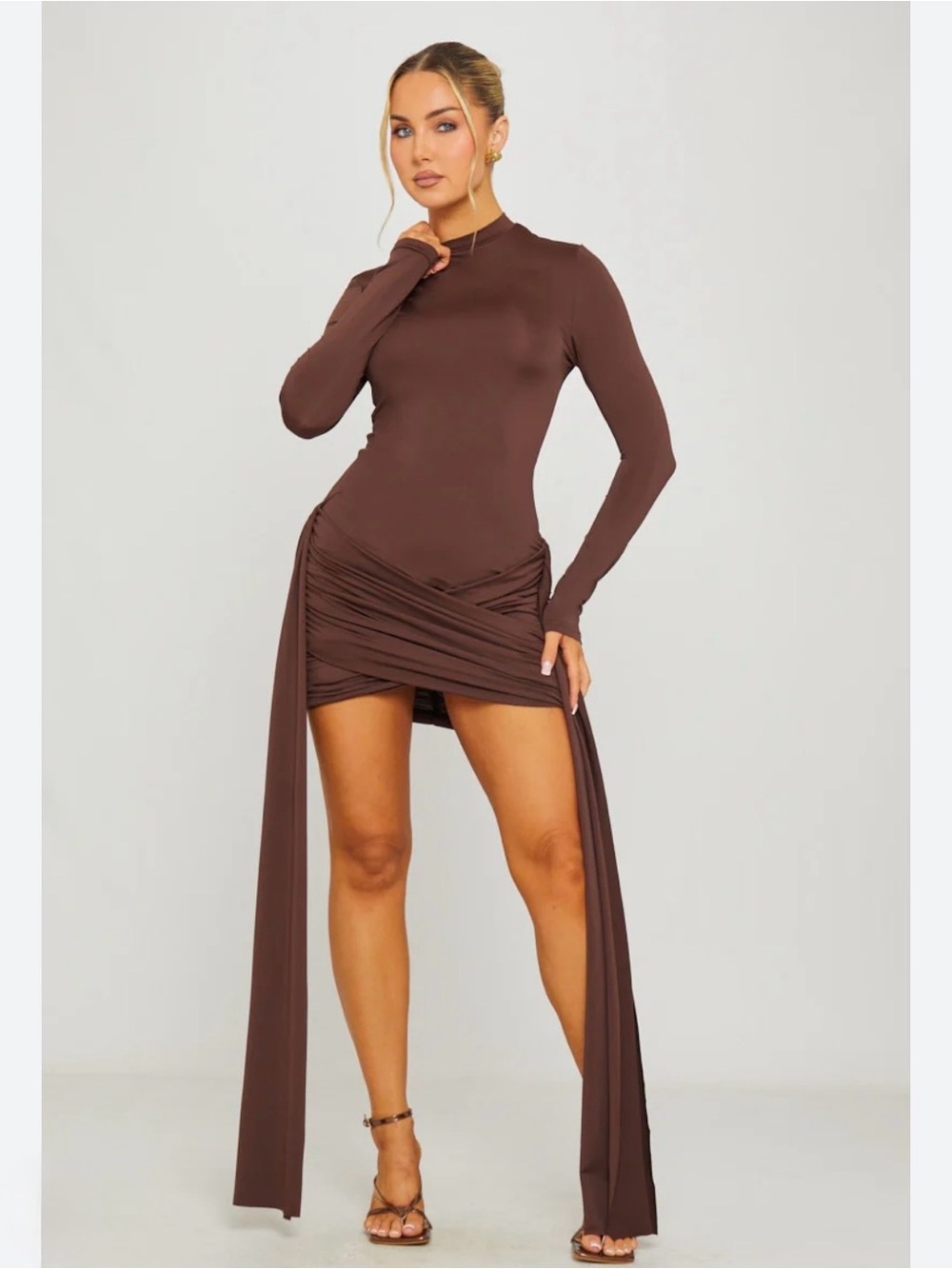 Brown Long Sleeve Draped Mini Dress - Small